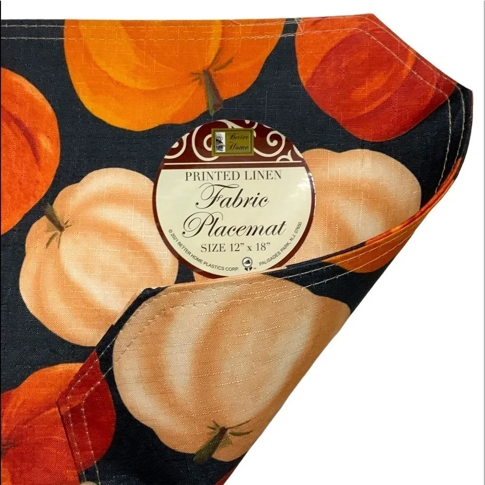 Pumpkin Linen Print Fabric Placemats Fall Autumn Halloween Thanksgiving Set of 4